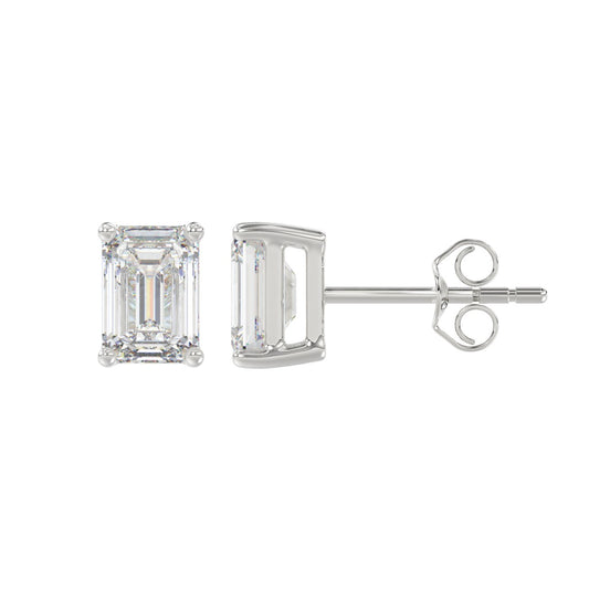 14K WHITE GOLD 2CT EMERALD DIAMOND LADIES SOLITAIRE EARRINGS