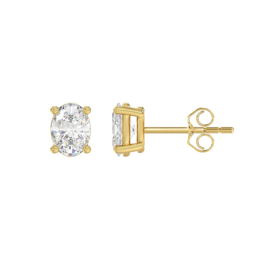 LADIES SOLITAIRE EARRINGS 1 1/2CT OVAL DIAMOND 14K YELLOW GOLD