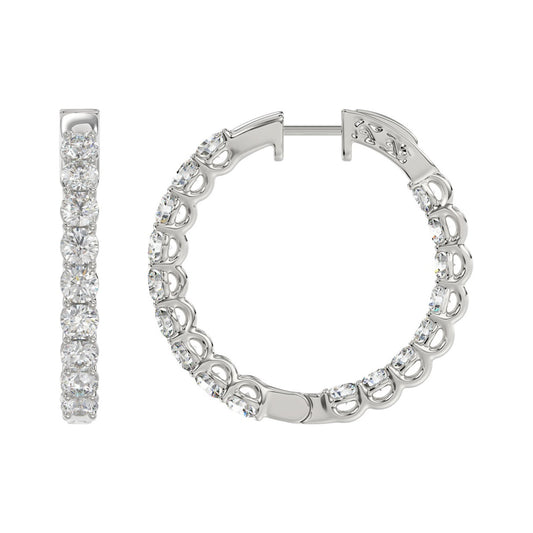 LADIES HOOP EARRINGS 5CT ROUND DIAMOND 14K WHITE GOLD