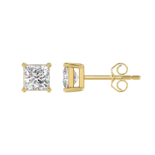LADIES SOLITAIRE EARRINGS 2CT PRINCESS DIAMOND 14K YELLOW GOLD