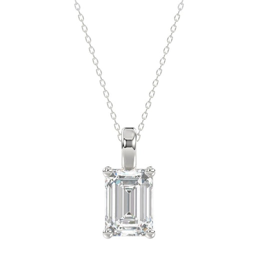 LADIES SOLITAIRE PENDANT WITH CHAIN 3CT EMERALD DIAMOND 14K WHITE GOLD