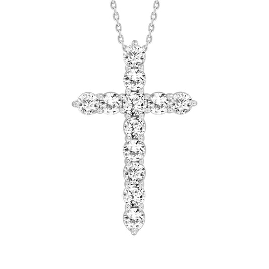 LADIES CROSS PENDANT WITH CHAIN 1CT ROUND DIAMOND 14K WHITE GOLD