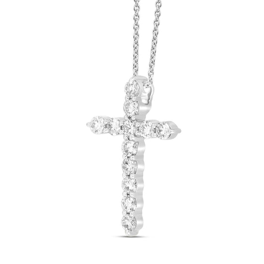 LADIES CROSS PENDANT WITH CHAIN 1CT ROUND DIAMOND 14K WHITE GOLD