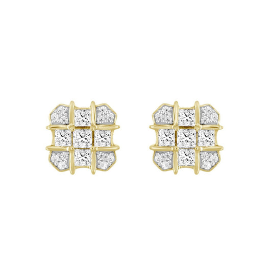 MEN'S EARRINGS 1CT ROUND/PRINCESS DIAMOND 14K YELLOW GOLD