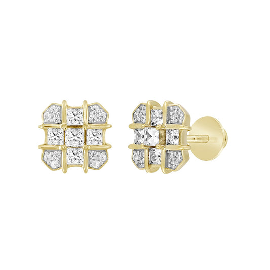 MEN'S EARRINGS 1CT ROUND/PRINCESS DIAMOND 14K YELLOW GOLD