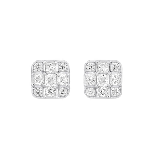 LADIES EARRINGS 1CT ROUND/PRINCESS DIAMOND 14K WHITE GOLD