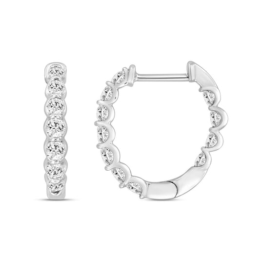 LADIES HOOPS EARRINGS 3/4CT ROUND DIAMOND 14K WHITE GOLD