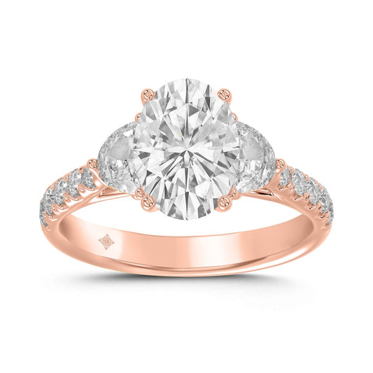 14K ROSE GOLD 3.00CT ROUND/OVAL/HALF MOON DIAMOND LADIES RING (CENTER STONE OVAL DIAMOND 2CT)