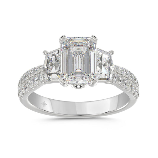 LADIES Engagement Ring 3CT ROUND/EMERALD/CADILLAC DIAMOND 14K WHITE GOLD (CENTER STONE EMERALD DIAMOND 2CT )
