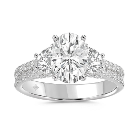 LADIES Engagement RING 3CT ROUND/OVAL/HALF MOON DIAMOND 14K WHITE GOLD (CENTER STONE OVAL DIAMOND 2CT )