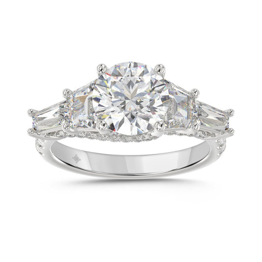 LADIES RING 3 3/4CT ROUND/TRAPEZOID/tapered baguette DIAMOND 14K WHITE GOLD (CENTER STONE ROUND DIAMOND 2CT )