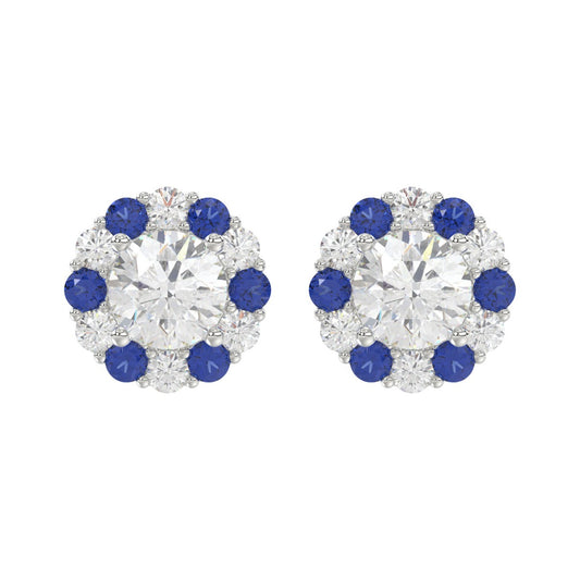 14K WHITE GOLD 2 5/8CT ROUND/ ROUND BLUE SAPPHIRE DIAMOND LADIES EARRING (CENTER STONE ROUND DIAMOND 2CT)