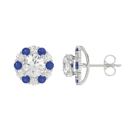 14K WHITE GOLD 2 5/8CT ROUND/ ROUND BLUE SAPPHIRE DIAMOND LADIES EARRING (CENTER STONE ROUND DIAMOND 2CT)