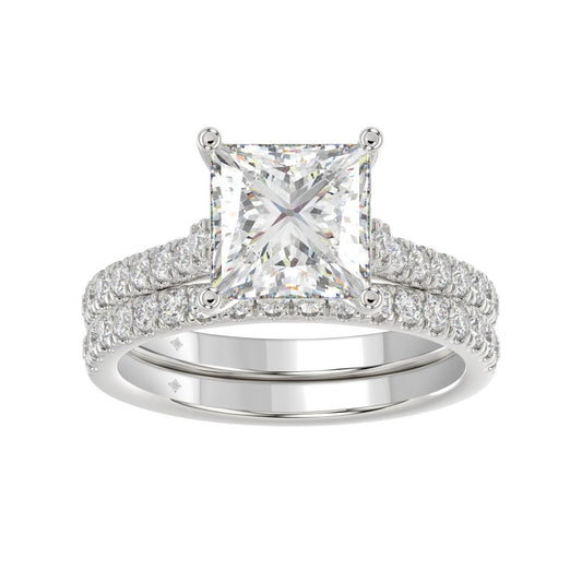 14K WHITE GOLD 3 1/2CT ROUND/PRINCESS DIAMOND LADIES BRIDAL SET (CENTER STONE PRINCESS DIAMOND 3.00CT)