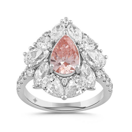 ETERNAL BLUSH COLLECTION 14K WHITE GOLD 4 1/2CT ROUND/PEAR/MARQUISE DIAMOND LADIES RING (CENTER STONE PINK PEAR DIAMOND 2.00CT)