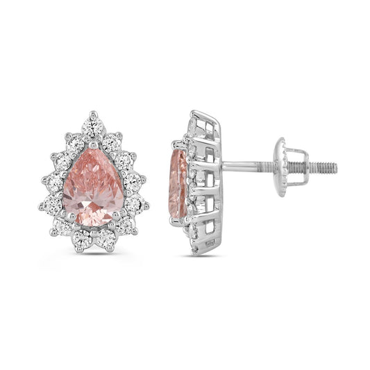 ETERNAL BLUSH COLLECTION LADIES EARRINGS 3CT ROUND/PEAR DIAMOND 14K WHITE GOLD (CENTER STONE PINK PEAR DIAMOND 1CT)