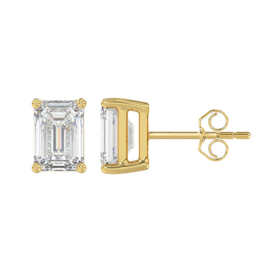 LADIES SOLITAIRE EARRINGS 4.00CT EMERALD DIAMOND 14K YELLOW GOLD