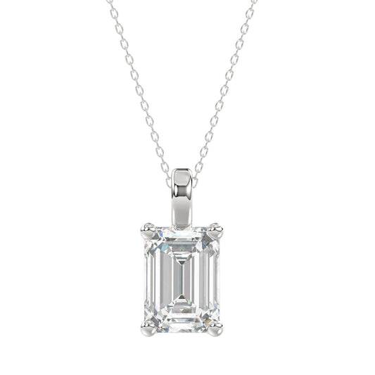 LADIES SOLITAIRE PENDANT WITH CHAIN 4CT EMERALD DIAMOND 14K WHITE GOLD
