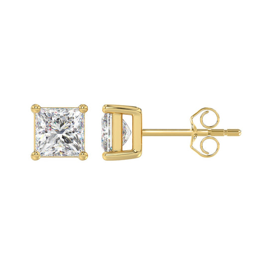 LADIES SOLITAIRE EARRINGS 2 1/2CT PRINCESS DIAMOND 14K YELLOW GOLD