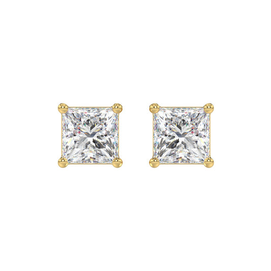 LADIES SOLITAIRE EARRINGS 4CT PRINCESS DIAMOND 14K YELLOW GOLD