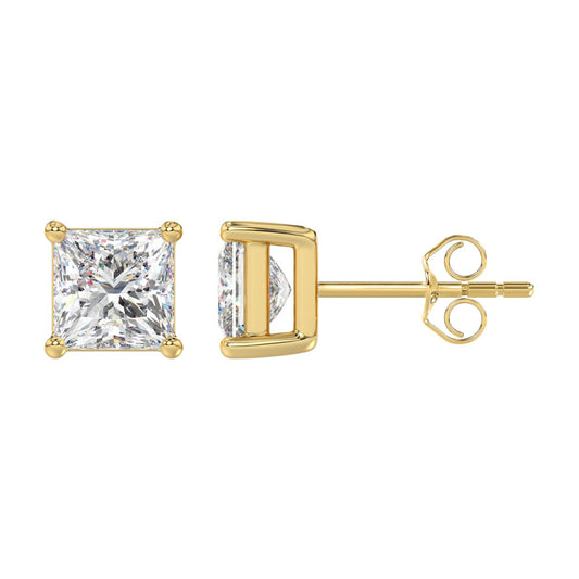 LADIES SOLITAIRE EARRINGS 4CT PRINCESS DIAMOND 14K YELLOW GOLD