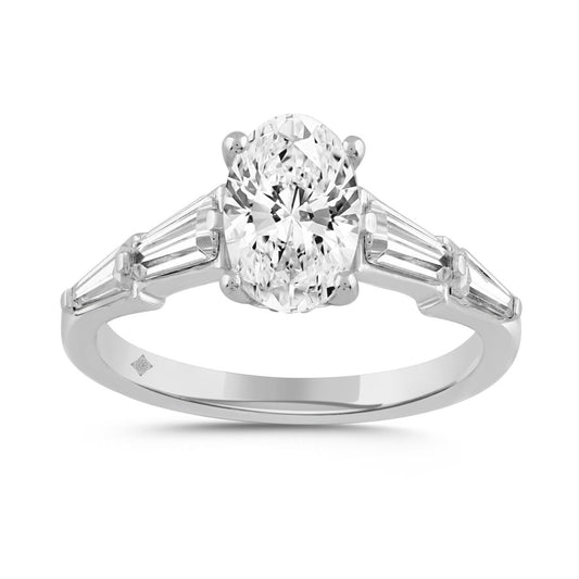 LADIES RING 3CT ROUND/OVAL/BAGUETTE DIAMOND 14K WHITE GOLD (CENTER STONE OVAL DIAMOND 2CT )