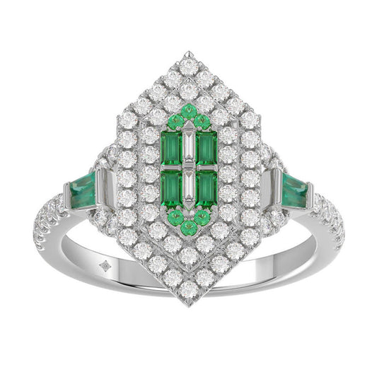 14K WHITE GOLD 1 1/6CT ROUND/BAGUETTE/EMERALD DIAMOND LADIES RING (GREEN EMERALD BAGUETTE DIAMOND 1/6CT)