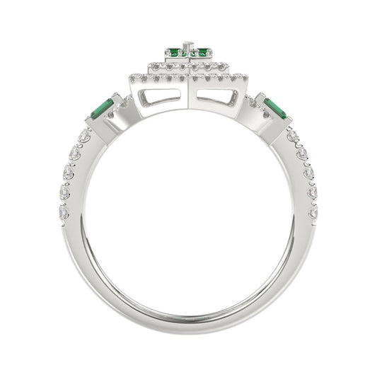 14K WHITE GOLD 1 1/6CT ROUND/BAGUETTE/EMERALD DIAMOND LADIES RING (GREEN EMERALD BAGUETTE DIAMOND 1/6CT)