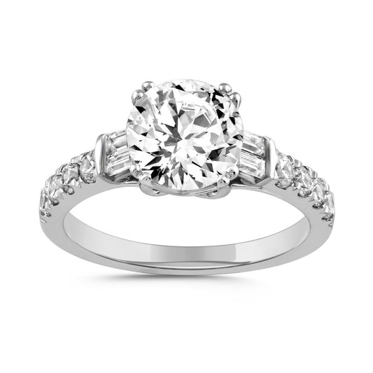 LADIES RING 2 1/2CT ROUND/BAGUETTE DIAMOND 14K WHITE GOLD (CENTER STONE ROUND DIAMOND 2CT )