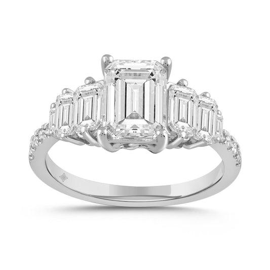 LADIES RING 3 1/4CT ROUND/BAGUETTE/EMERALD DIAMOND 14K WHITE GOLD (CENTER STONE EMERALD DIAMOND 2CT )