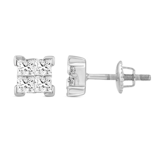 LADIES EARRINGS PRINCESS DIAMOND 10K WHITE GOLD
