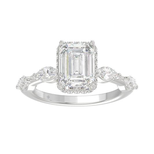 LADIES RING 3.50CT ROUND/MARQUISE/EMERALD DIAMOND 14K WHITE GOLD (CENTER STONE EMERALD DIAMOND 3.00CT)