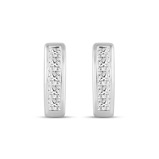 LADIES HOOPS EARRINGS 1.00CT PRINCESS DIAMOND 14K WHITE GOLD