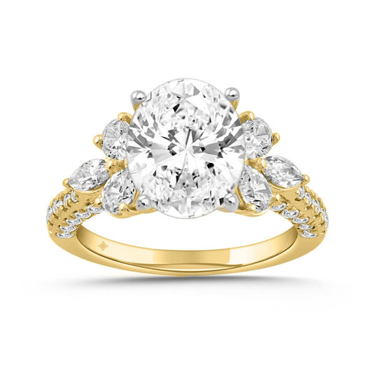 LADIES RING 4 1/3CT ROUND/PEAR/OVAL/MARQUISE DIAMOND 14K YELLOW GOLD (CENTER STONE OVAL DIAMOND 3.00CT)