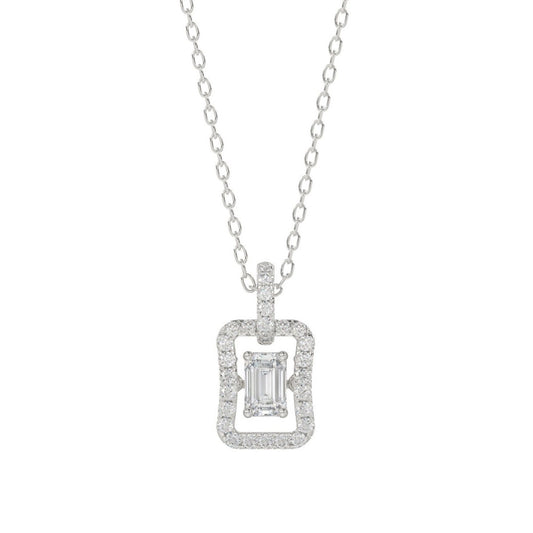 LADIES DANCING DIAMOND PENDANT WITH CHAIN 3/4CT ROUND/EMERALD DIAMOND 14K WHITE GOLD (CENTER STONE EMERALD DIAMOND 1/2CT)