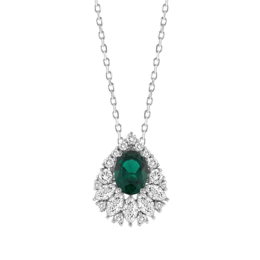 LADIES PENDANT 1CT ROUND/MARQUISE/OVAL DIAMOND 14K WHITE GOLD WITH CHAIN (CENTER STONE EMERALD OVAL DIAMOND (1 1/4CT)