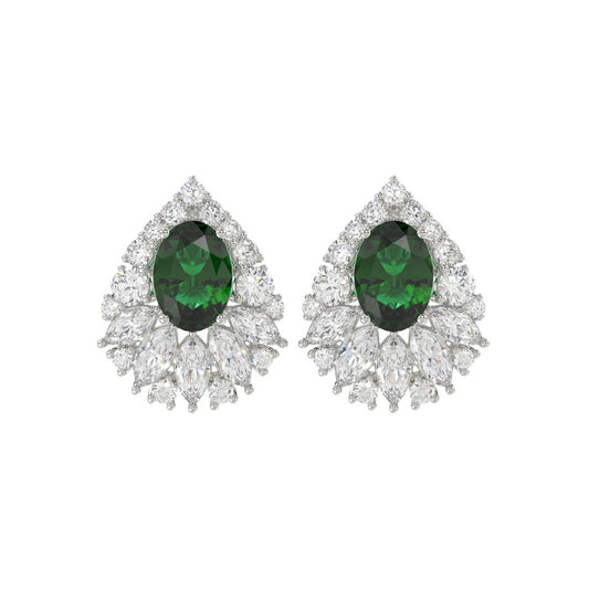 LADIES EARRINGS 4 1/2CT ROUND/MARQUISE/OVAL DIAMOND 14K WHITE GOLD (CENTER STONE GREEN EMERALD OVAL DIAMOND 2 1/2CT)