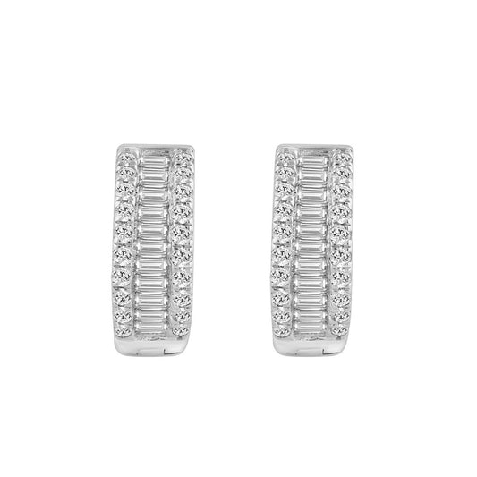 Classic 10K White Gold Round & Baguette Lab Grown Diamond ladies Hoop Earrings 1/2CT (Color F-G -Clarity VS1/VS2)