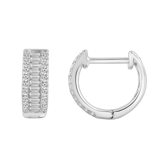 Classic 10K White Gold Round & Baguette Lab Grown Diamond ladies Hoop Earrings 1/2CT (Color F-G -Clarity VS1/VS2)