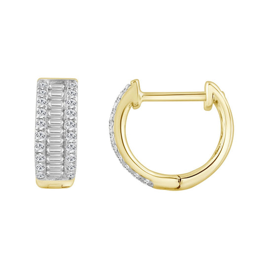 Classic 10K Yellow Gold Round & Baguette Lab Grown Diamond ladies Hoop Earrings 1/2CT (Color F-G -Clarity VS1/VS2)