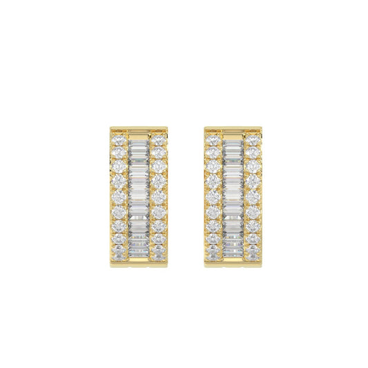LADIES HOOP EARRINGS 3/8CT ROUND/BAGUETTE DIAMOND 14K YELLOW GOLD