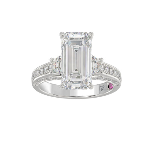 21K PLATINUM LADIES RING WITH 4.00CT ROUND/EMERALD/BAGUETTE DIAMONDS (CENTER STONE EMERALD DIAMOND 3CT)
