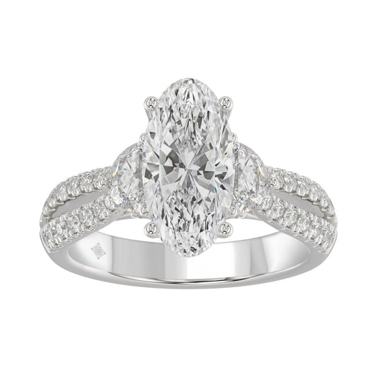 Ladies 14K White Gold ladies Ring Featuring Round Half-Moon & Baguette Diamonds 3.00CT Oval Center stone (Color F-G -Clarity VS1/VS2)