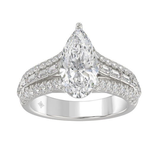 Luxury 14K White Gold Ladies Diamond Ring 2 3/4CT Round Pear & Baguette Diamonds with 2.00CT Pear Center stone (Color F-G -Clarity VS1/VS2)