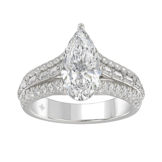 Luxury 14K White Gold Ladies Diamond Ring 2 3/4CT Round Pear & Baguette Diamonds with 2.00CT Pear Center stone (Color F-G -Clarity VS1/VS2)