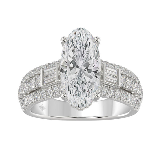 Classic 14K White Gold Ladies Diamond Ring 4.00CT Round Oval & Baguette Diamonds with 3.00CT Oval Center stone (Color F-G -Clarity VS1/VS2)