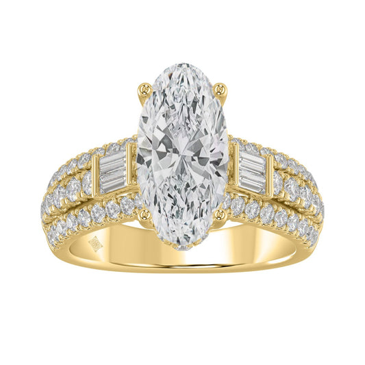 Classic 14K Yellow Gold Ladies Diamond Ring 4.00CT Round Oval & Baguette Diamonds with 3.00CT Oval Center stone (Color F-G -Clarity VS1/VS2)