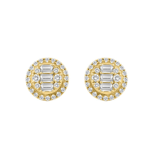 10K YELLOW GOLD 1 1/4CT ROUND/EMERALD DIAMOND LADIES EARRINGS