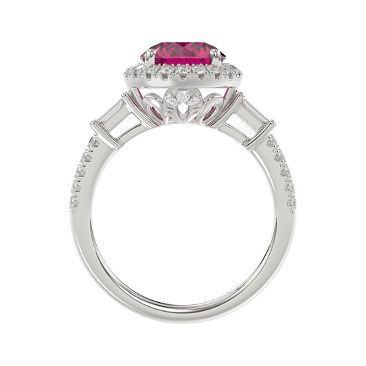 14K WHITE GOLD 2 1/2CT ROUND/BAGUETTE DIAMOND LADIES RING (CENTER STONE ROUND RUBY DIAMOND 2CT)