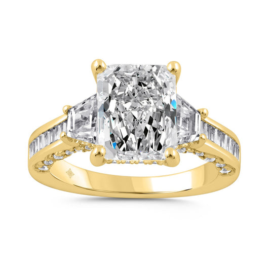 Luxury 14K Yellow Gold 4 1/4Ct Radiant & Round Lab Grown Diamond Engagement Ring 3.00Ct Radiant Center Stone With Trapezoid & Baguette Side Stones Trilogy Three Stone Ring For Women (Color F-G Clarity Vs1/Vs2)